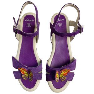 Clarks Harpy Fly J Suede Print Wedge Sandals Purple Size 4.5F